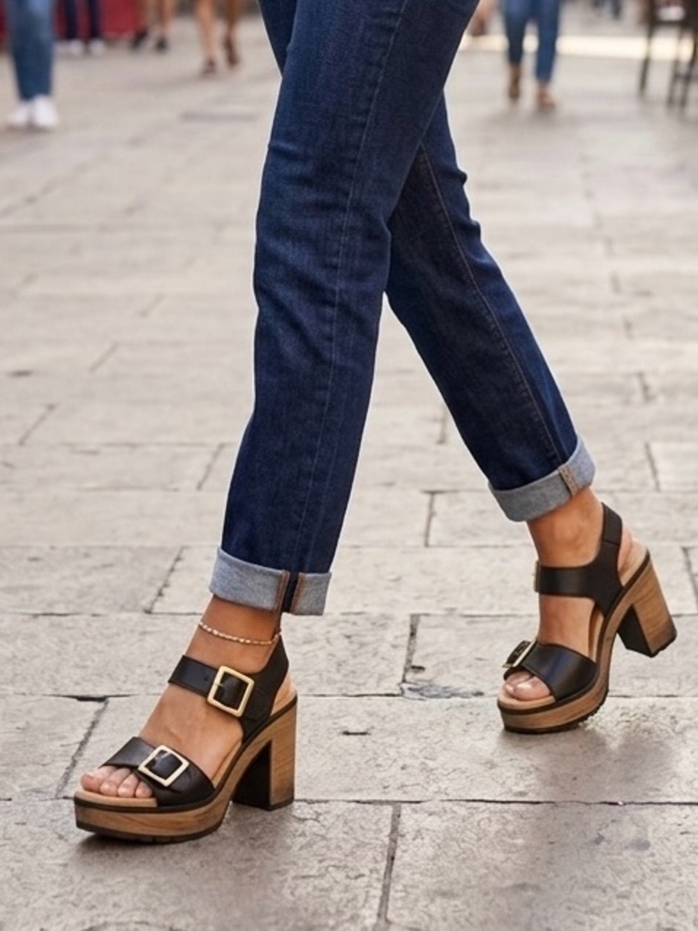 Flexi Black Leather Platform Block Heel Sandals Wood Clog Size 7 Boho Summer